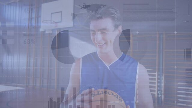 A caucasian male basketball player is pictured holding a ball and smiling  meant to represent the sp