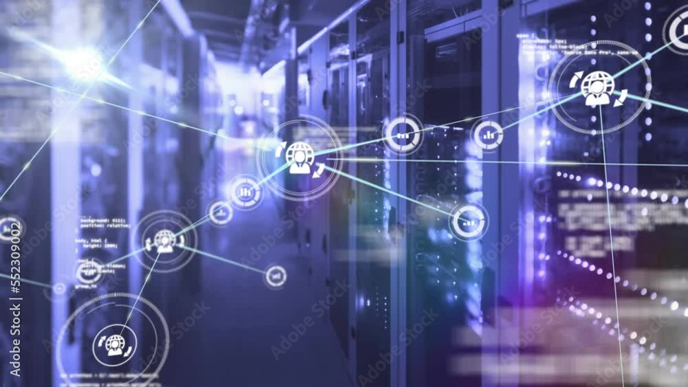 Poster animation of network of connections with icons over computer servers