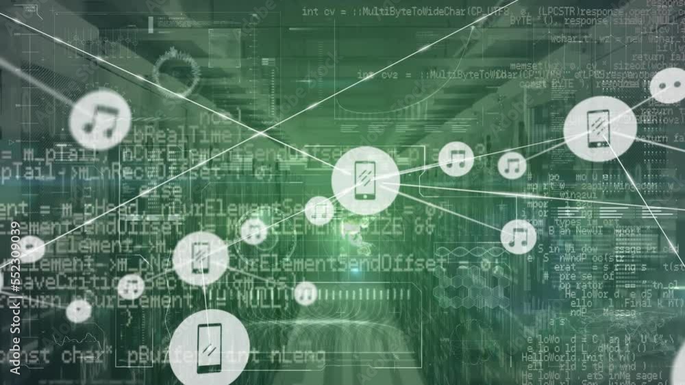 Poster animation of network of connections with icons over computer servers