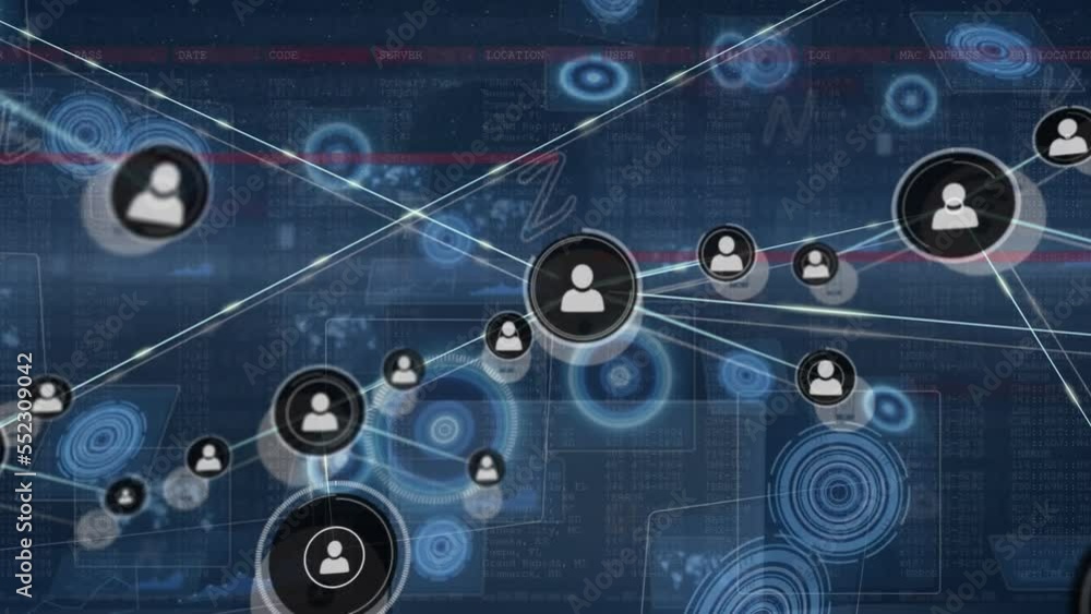 Poster animation of network of connections with icons over computer servers