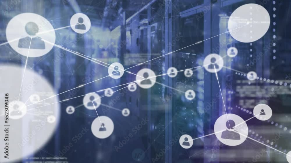 Poster animation of data processing and network of connections over server room