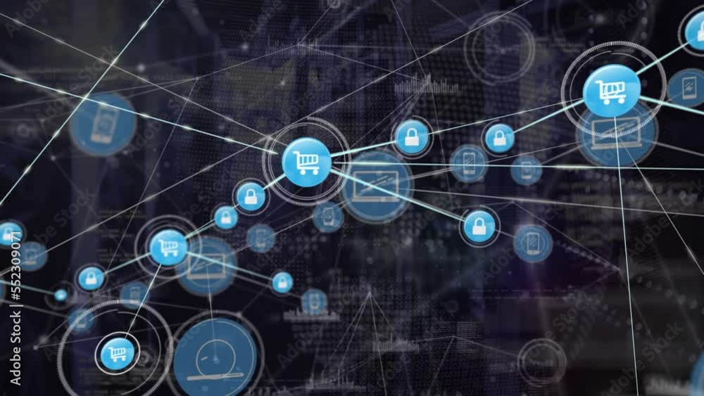 Poster animation of network of connections with icons over computer servers