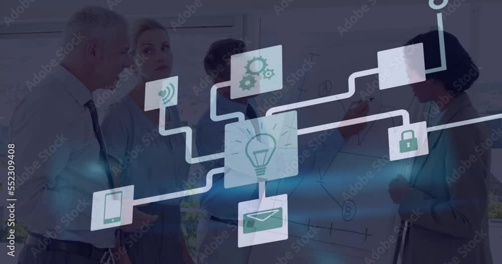 Poster animation of connections with icons and data processing over business people