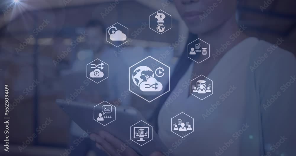 Poster animation of connections with icons and data processing over business people