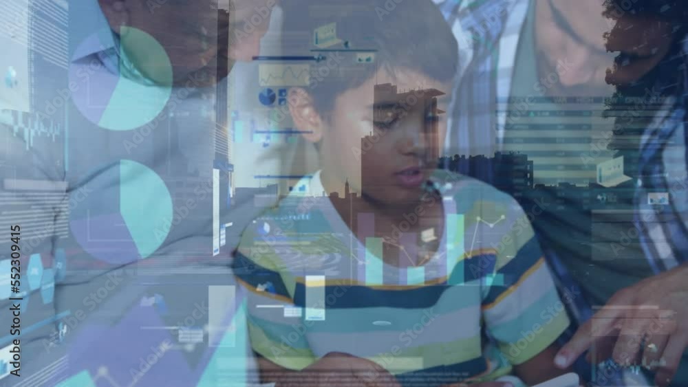 Poster animation of statistics and data processing over biracial father with son reading