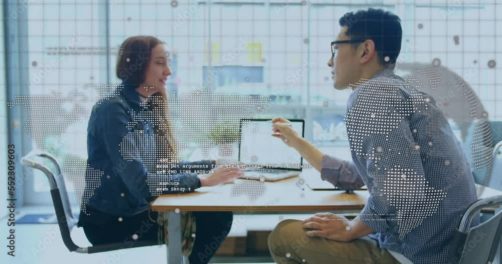 Poster animation of world map and data processing over business people working in office