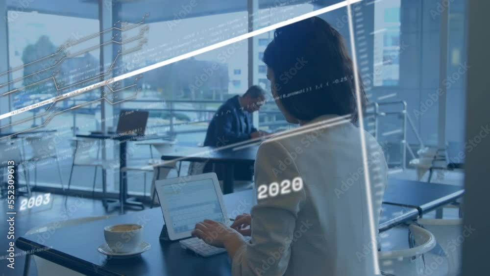 Poster animation of network of connections and numbers over business people using phone headsets