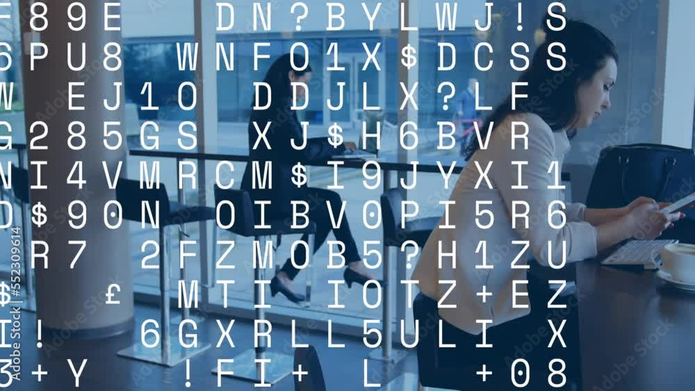 Poster animation of numbers data processing over businesswomen using electronic devices