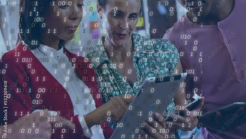 Poster animation of binary coding and data processing over businesswoman using tablet