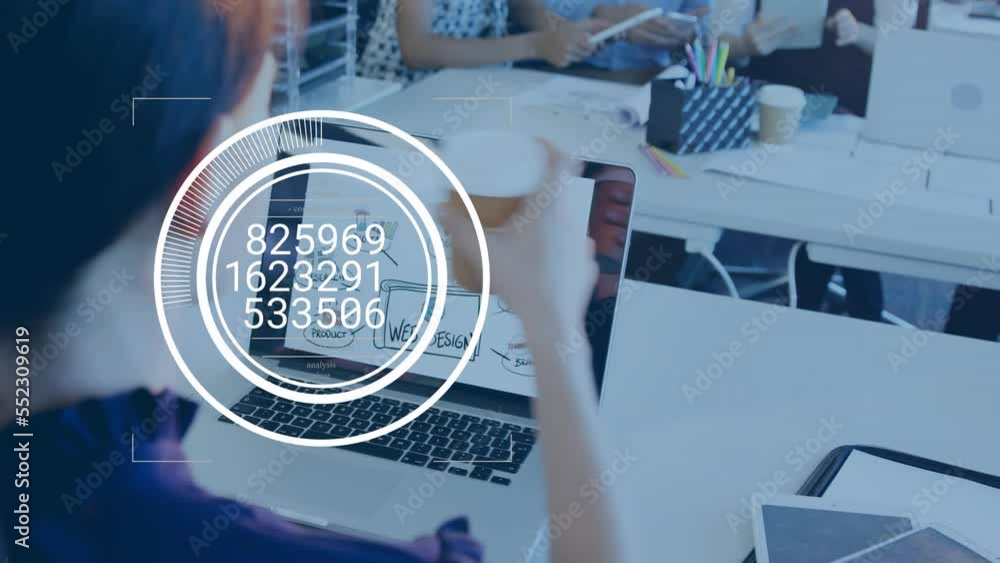 Poster animation of numbers and data processing over business people using electronic devices