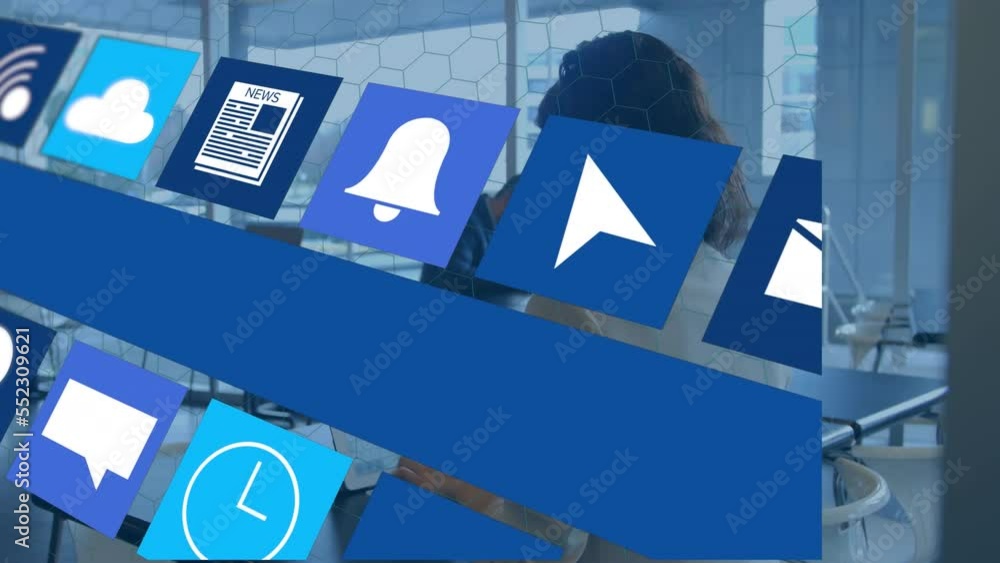 Aufkleber animation of icons and data processing over business people using electronic devices