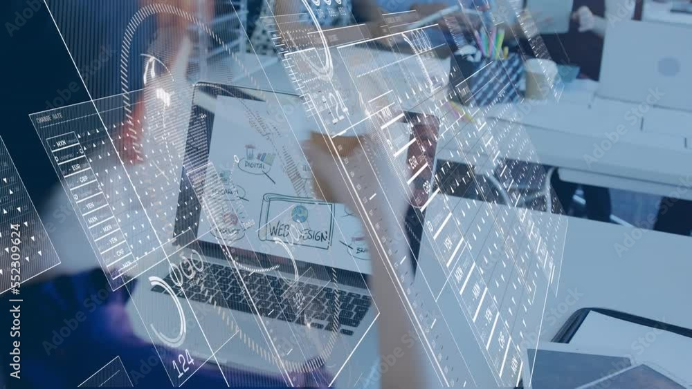 Poster animation of numbers and data processing over business people using electronic devices