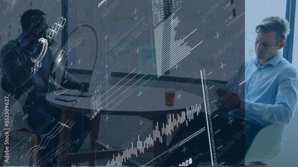 Aufkleber animation of numbers data processing over business people using electronic devices