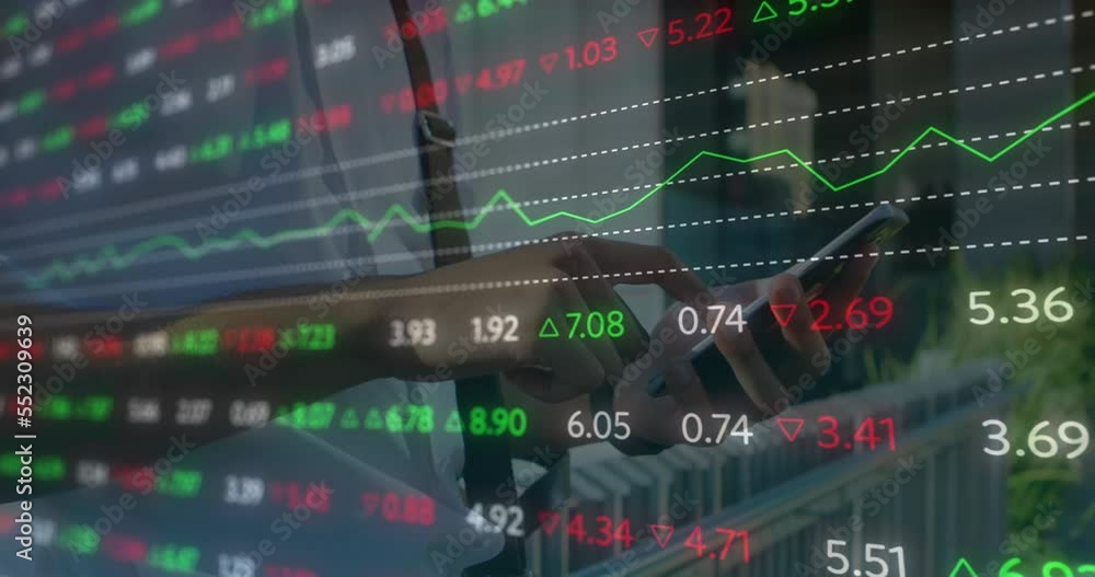 Poster animation of financial data processing over man using smartphone