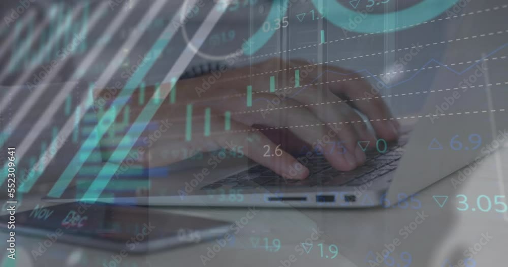 Poster animation of financial data processing over man using laptop