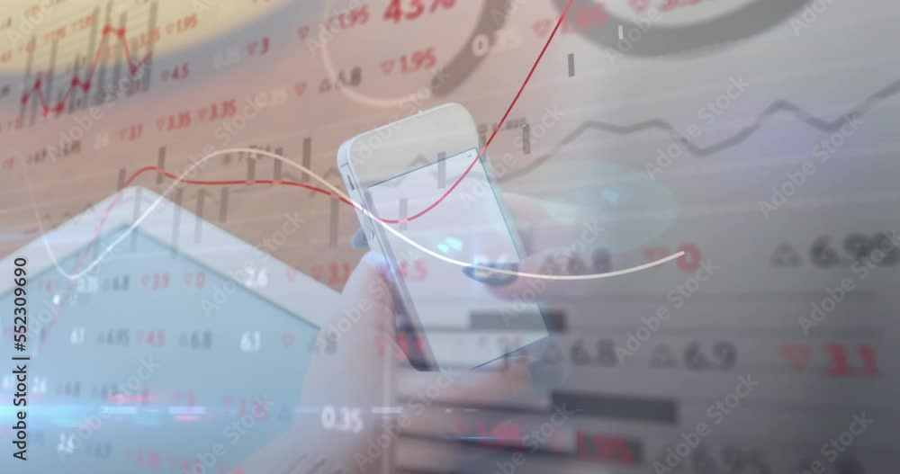 Poster animation of financial data processing over man using smartphone with blank screen
