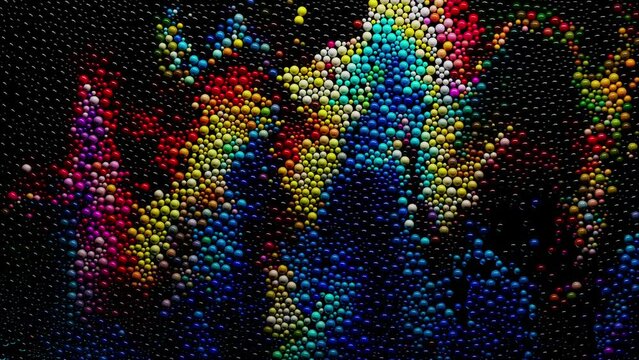 Abstract dynamic background. 3D animation consisting of multicolored spheres moving in space creating a beautiful simulation