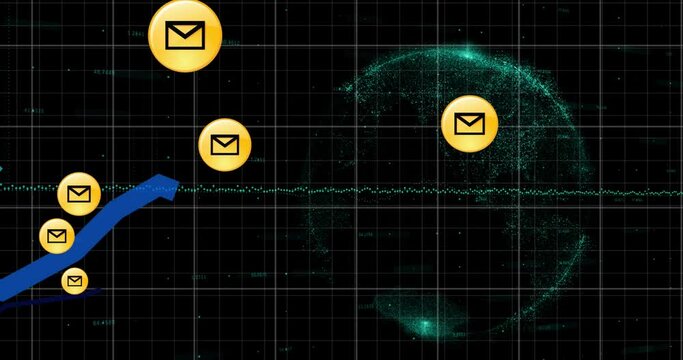 Animation of email icons, blue lines and financial data processing over globe