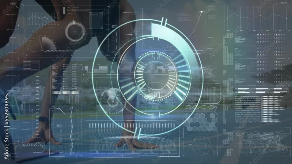 Poster animation of data processing over caucasian male runner and scope scanning