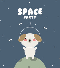 Fototapeta premium Space party invitation, birthday party in cosmic style, greeting card. Kids illustration with dog astronaut in cartoon style.