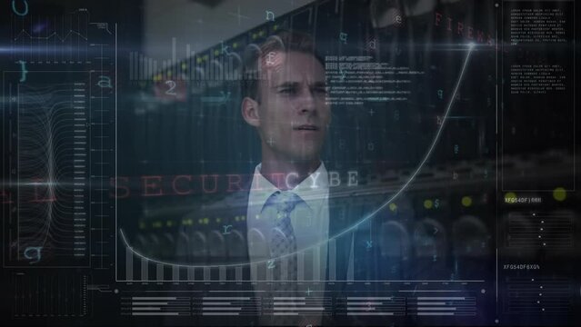 Animation of financial data processing over businessman