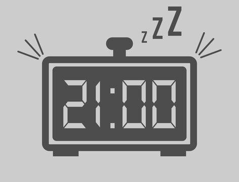 21:00 hours digital alarm clock. Vector with alarm clock marking time. Design for telling time with sleep icon