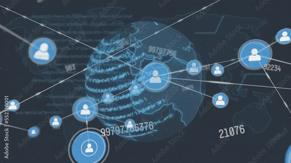 Poster animation of connected icons and increasing numbers over globe against map and programming language