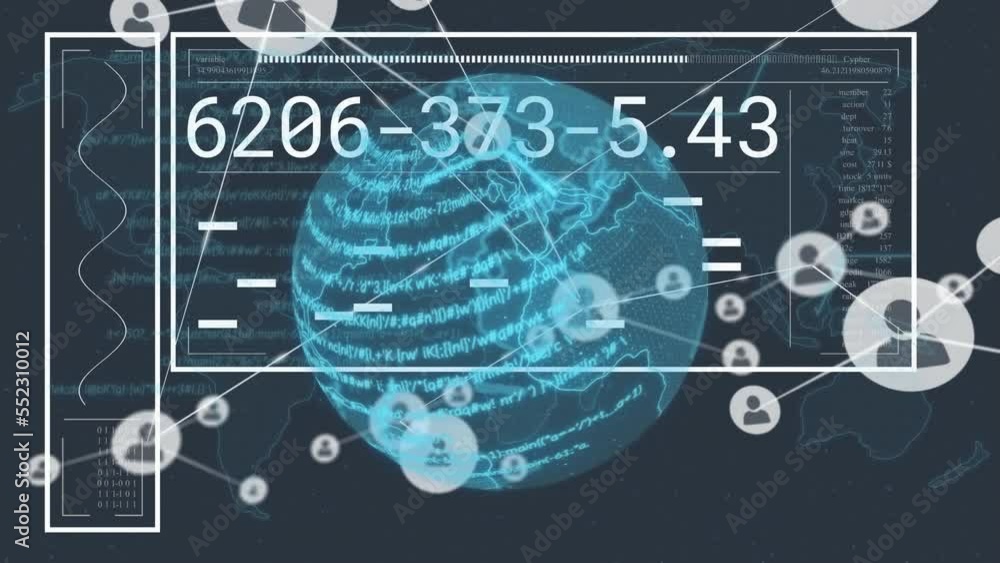 Poster animation of infographic screen with changing numbers over connected profiles icons and globe