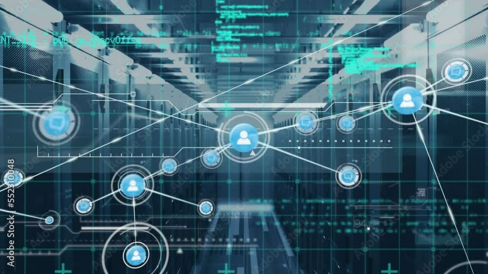 Poster animation of network of connections with icons and data processing over computer servers