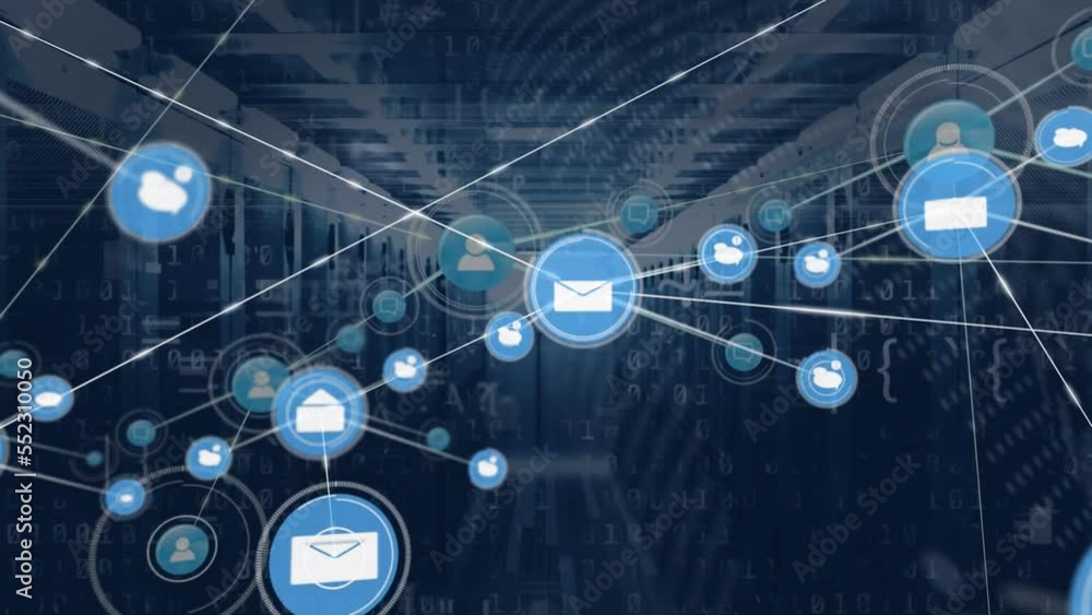 Poster animation of network of connections with icons and data processing over computer servers