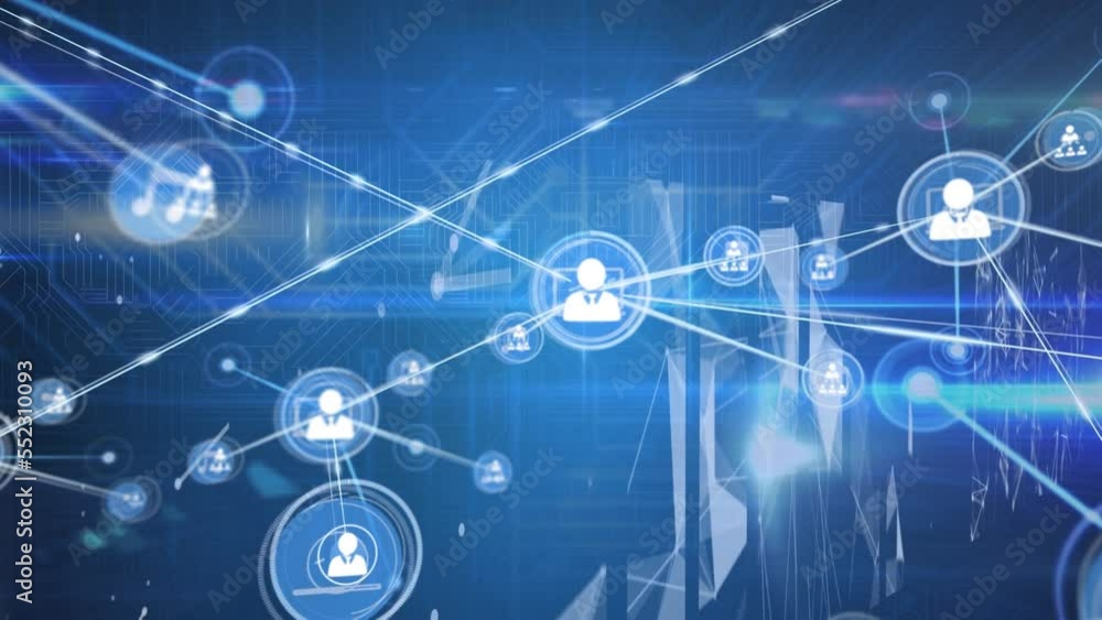 Poster animation of network of connections with icons and data processing over computer servers