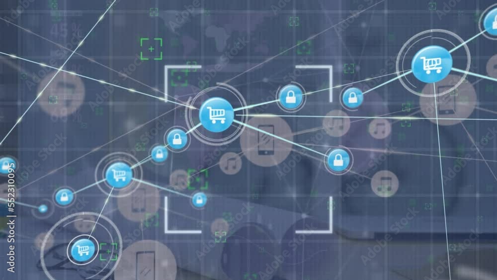 Poster animation of network of connections with icons and data processing