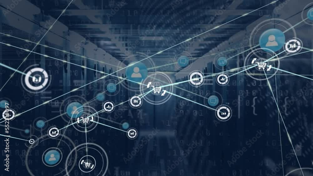 Poster animation of network of connections with icons and data processing over computer servers