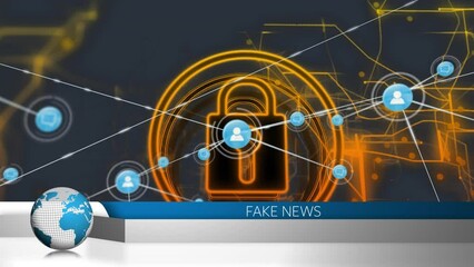 Animation of fake news text, globe, data processing and network of connections - Powered by Adobe
