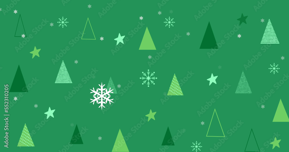 Wall mural image of green christmas tree pattern with snowflakes