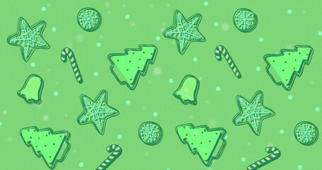 Image of green christmas pattern with cookies and candies
