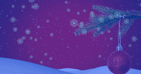 Image of snowflakes over christmas tree with baubles on purple background