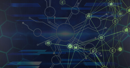 Image of connections and hexagons over navy background