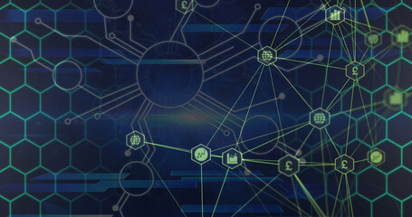 Image of connections and hexagons over navy background