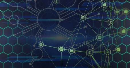 Image of connections and hexagons over navy background