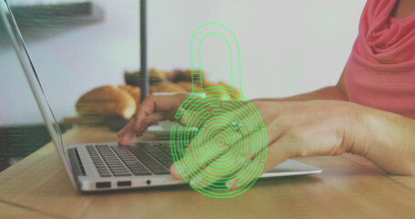Image of biometric fingerprint padlock, data processing over woman using laptop