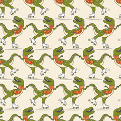 Retro Groovy Skating Winter T-Rex Dinosaur Vector Seamless Pattern