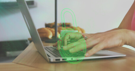 Image of biometric fingerprint padlock, data processing over woman using laptop