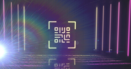 QR code scanner with neon elements against rainbow light flare