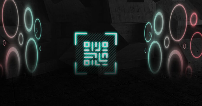 QR code scanner with neon elements against black background