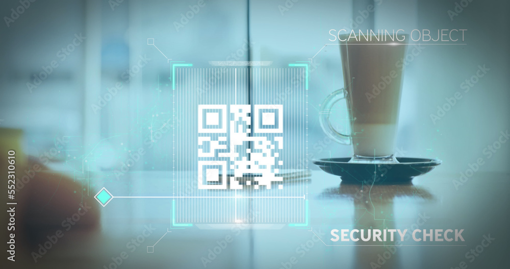 Poster image of a white qr code scanning over a cup of caffe latte standing