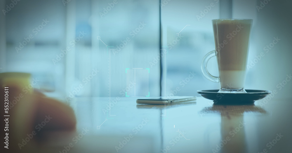 Poster image of a white qr code scanning over a cup of caffe latte standing