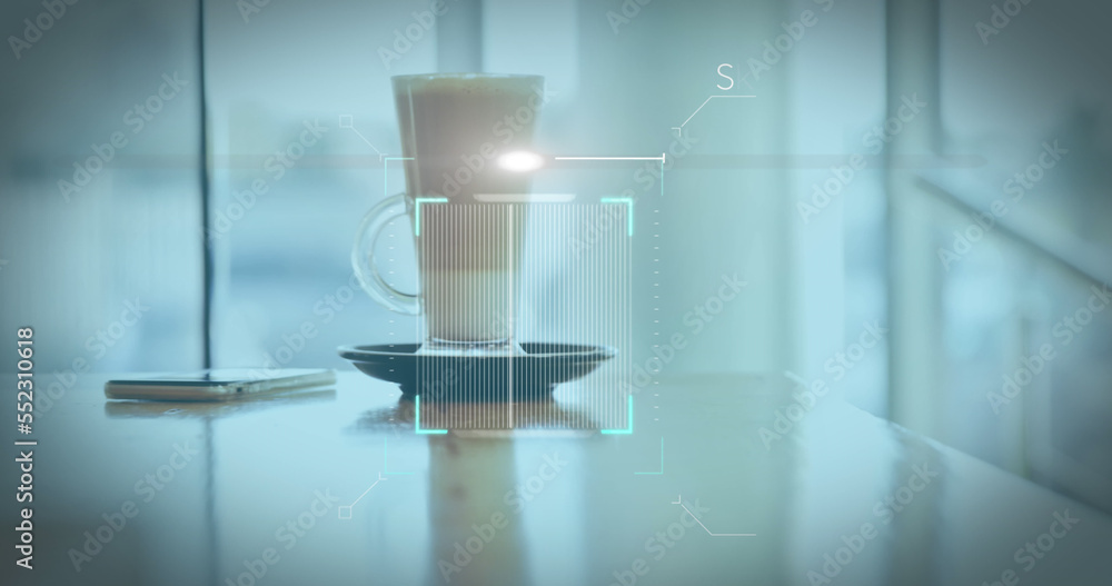 Poster image of a white qr code scanning over a cup of caffe latte standing