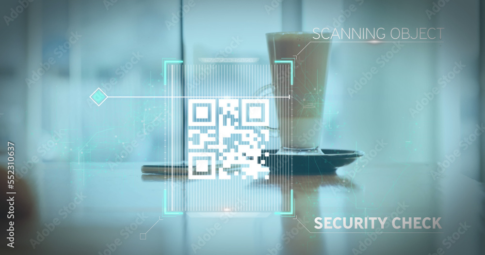 Poster image of a white qr code scanning over a cup of caffe latte standing