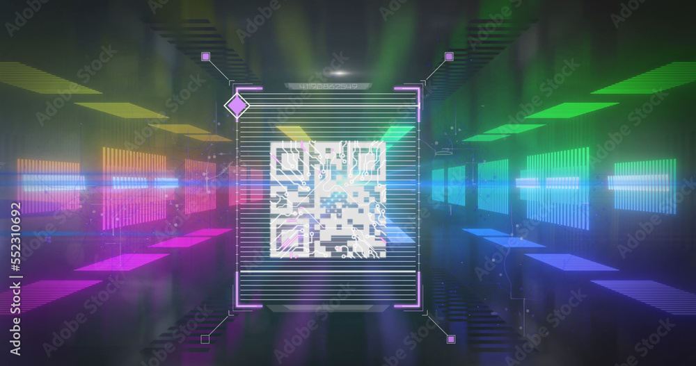 Poster qr code scanner over thumb scanning against glowing tunnel